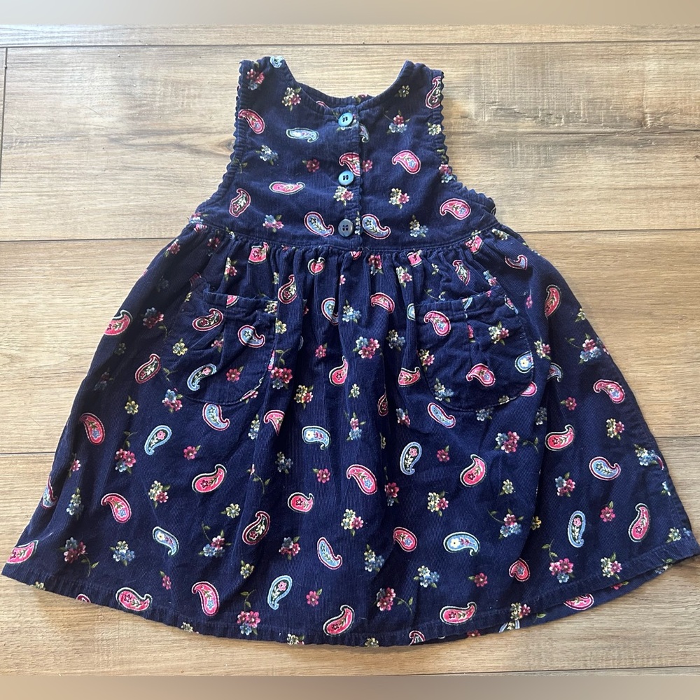 Vintage 90s McKids Navy Blue Corduroy Pink Paisley Button Jumper Dress 2T